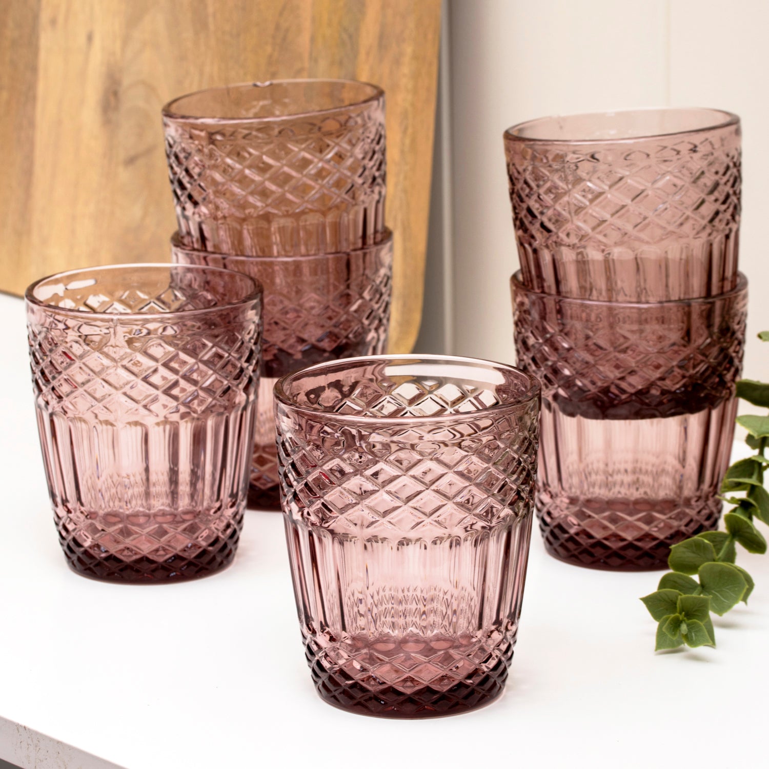 Set Of 6 Small Embossed Pink Glass Tumblers