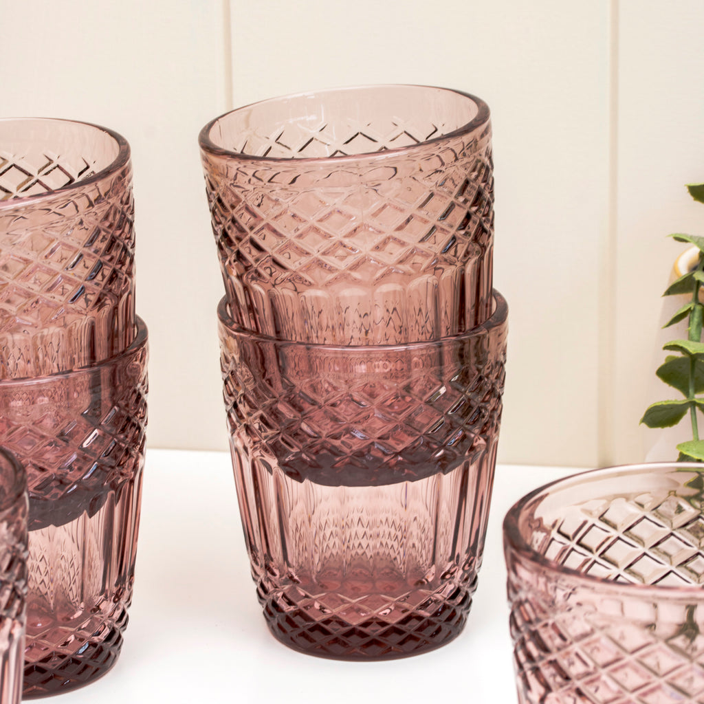 Set Of 6 Small Embossed Pink Glass Tumblers