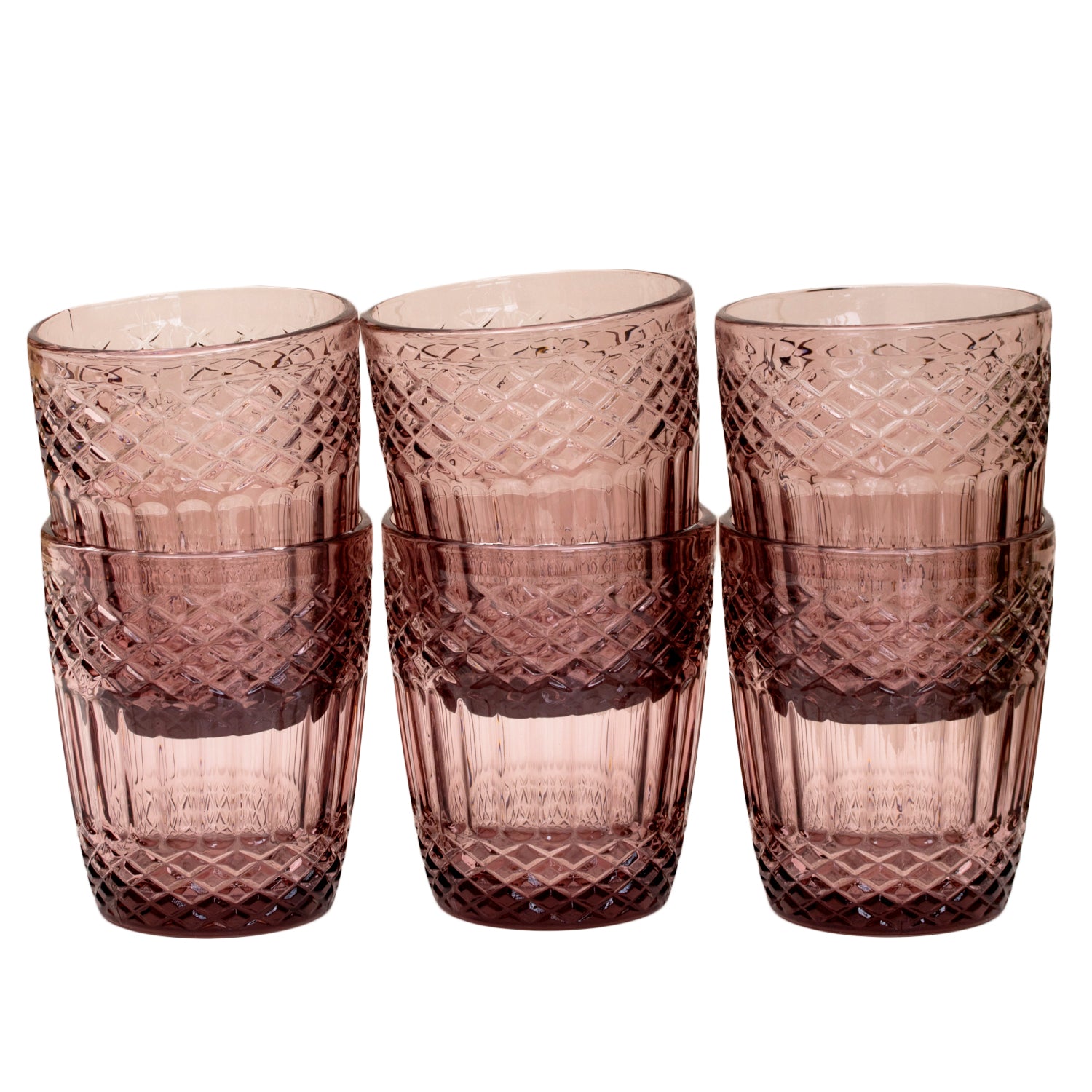 Set Of 6 Small Embossed Pink Glass Tumblers