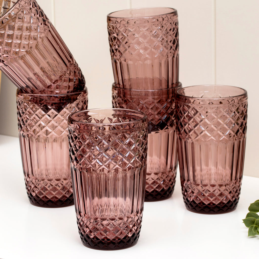 Set Of 6 Tall Embossed Pink Glass Tumblers