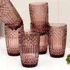 Set Of 6 Tall Embossed Pink Glass Tumblers
