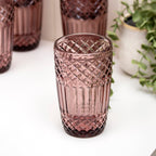 Set Of 6 Tall Embossed Pink Glass Tumblers