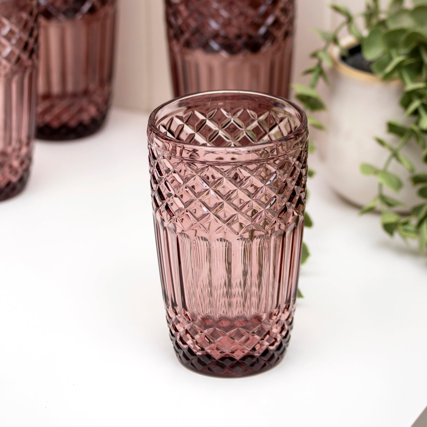 Set Of 6 Tall Embossed Pink Glass Tumblers