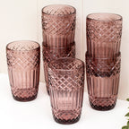 Set Of 6 Tall Embossed Pink Glass Tumblers