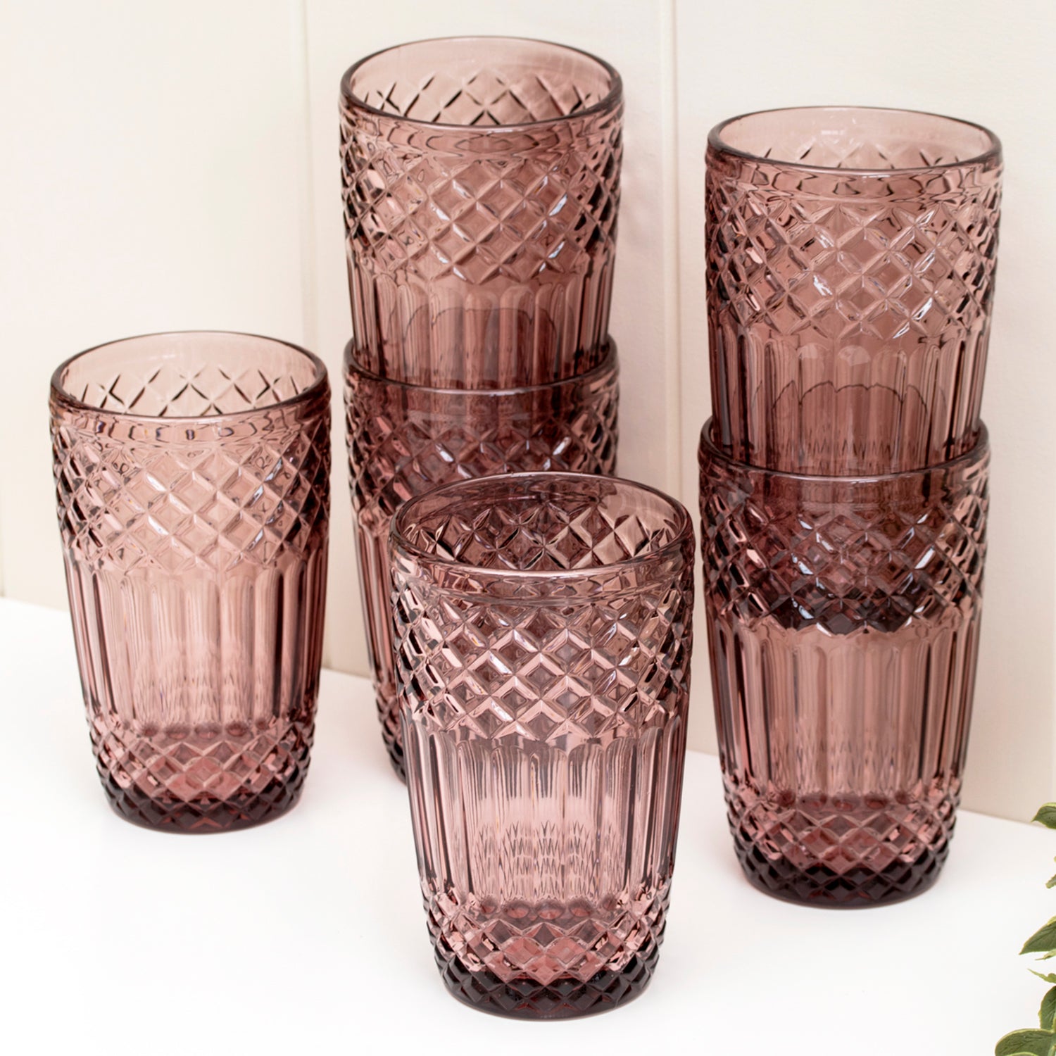 Set Of 6 Tall Embossed Pink Glass Tumblers