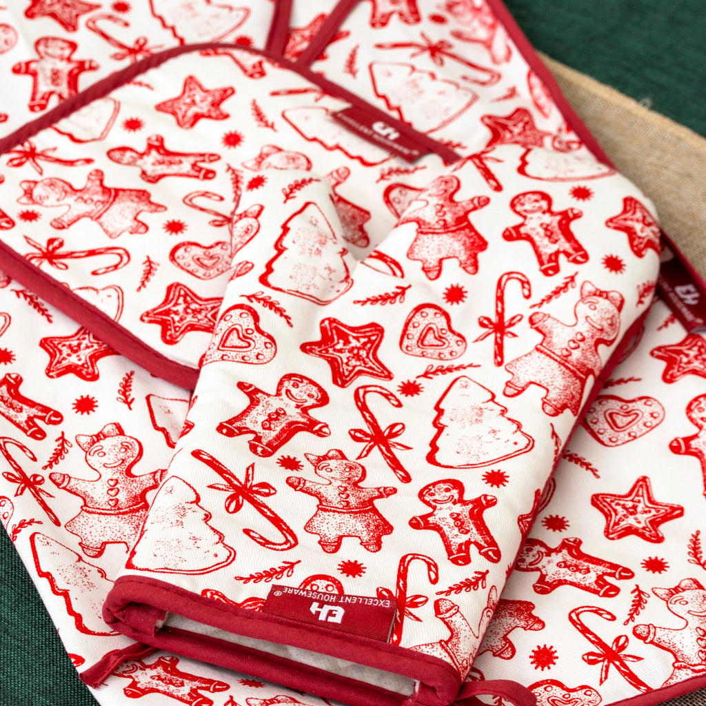 Christmas Gingerbread Apron, Oven Glove & Pot Holder Set