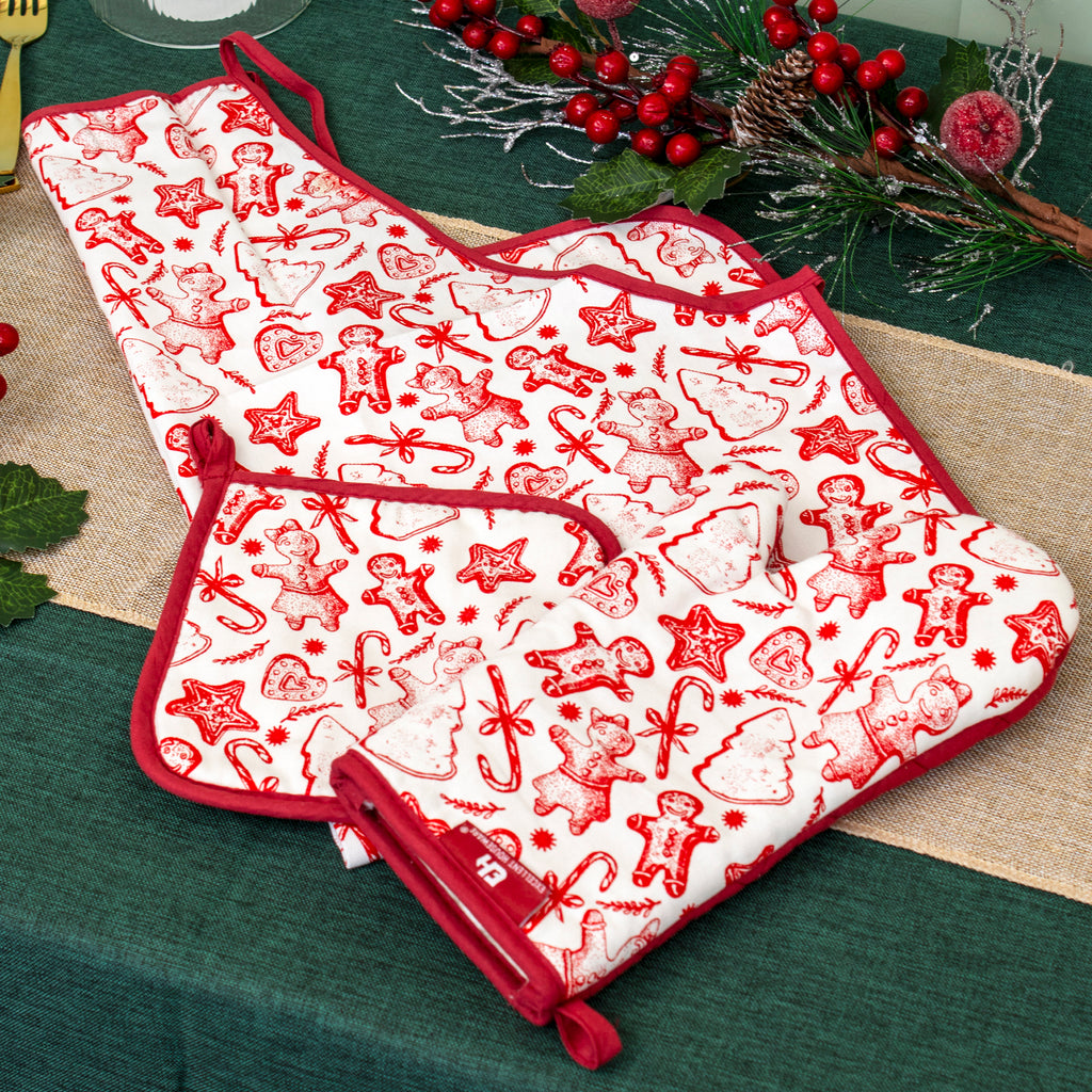 Christmas Gingerbread Apron, Oven Glove & Pot Holder Set