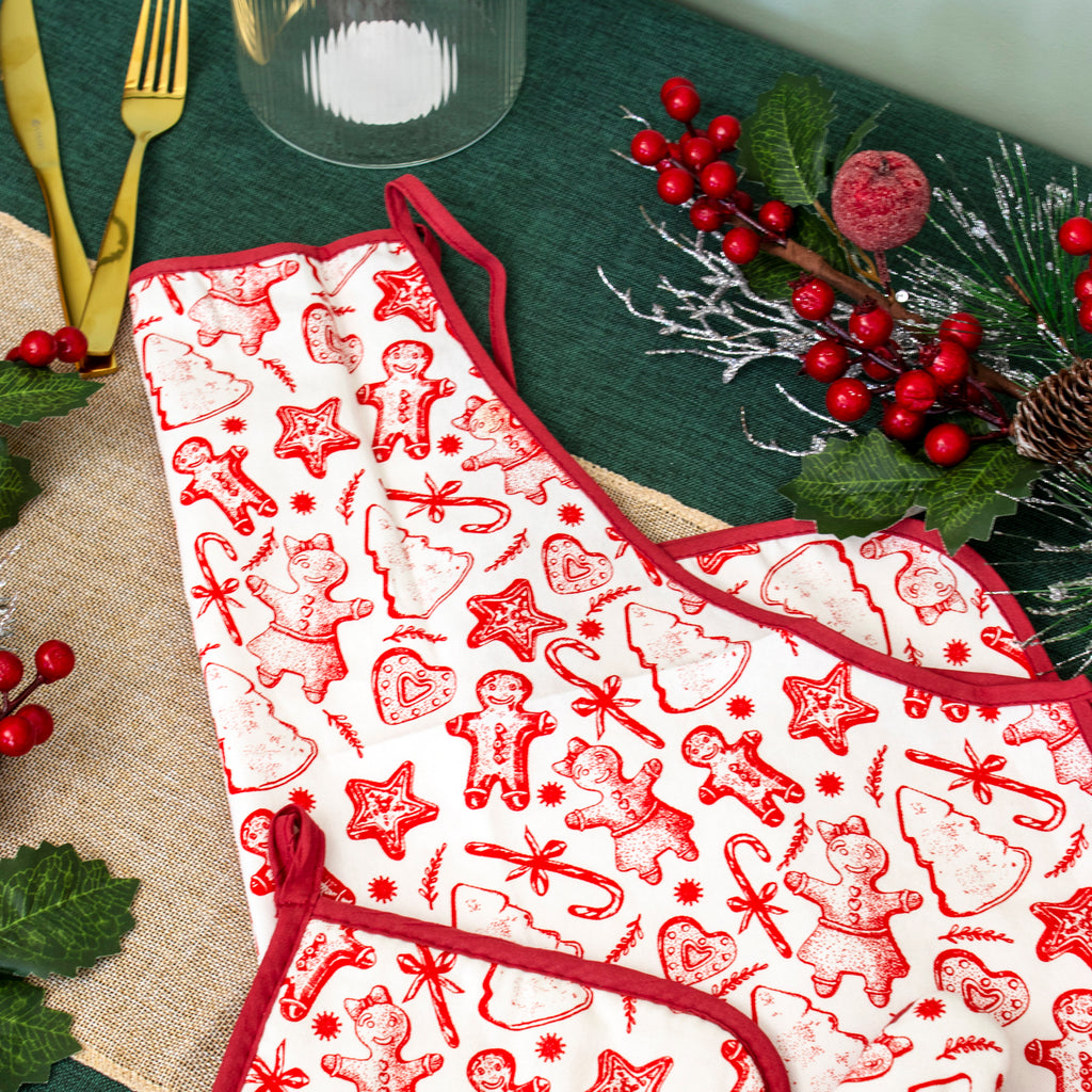 Christmas Gingerbread Apron, Oven Glove & Pot Holder Set