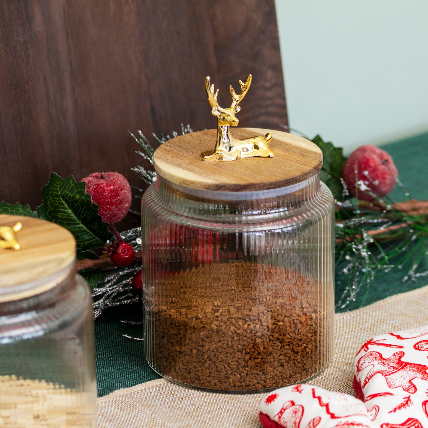 Gold Reindeer Top Ribbed Glass Storage Jar 1.1L