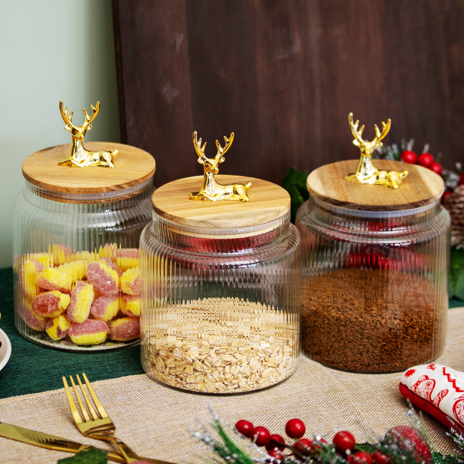 Gold Reindeer Top Ribbed Glass Storage Jar 1.1L