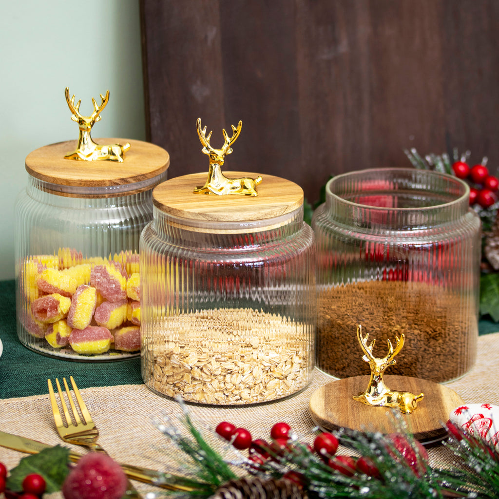 Gold Reindeer Top Ribbed Glass Storage Jar 1.1L