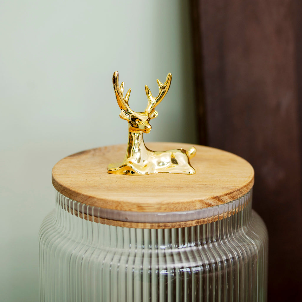 Gold Reindeer Top Ribbed Glass Storage Jar 1.6L
