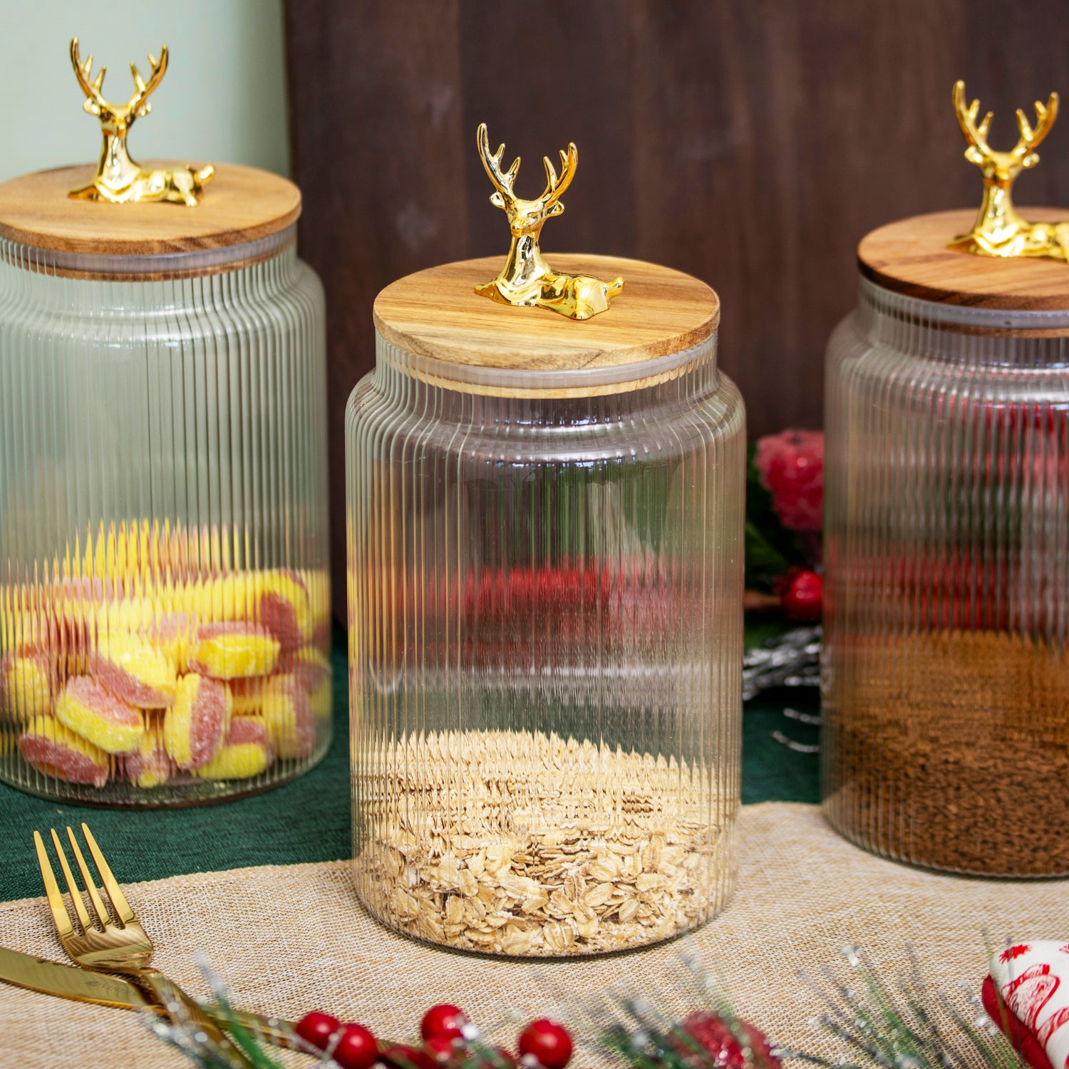 Gold Reindeer Top Ribbed Glass Storage Jar 1.6L