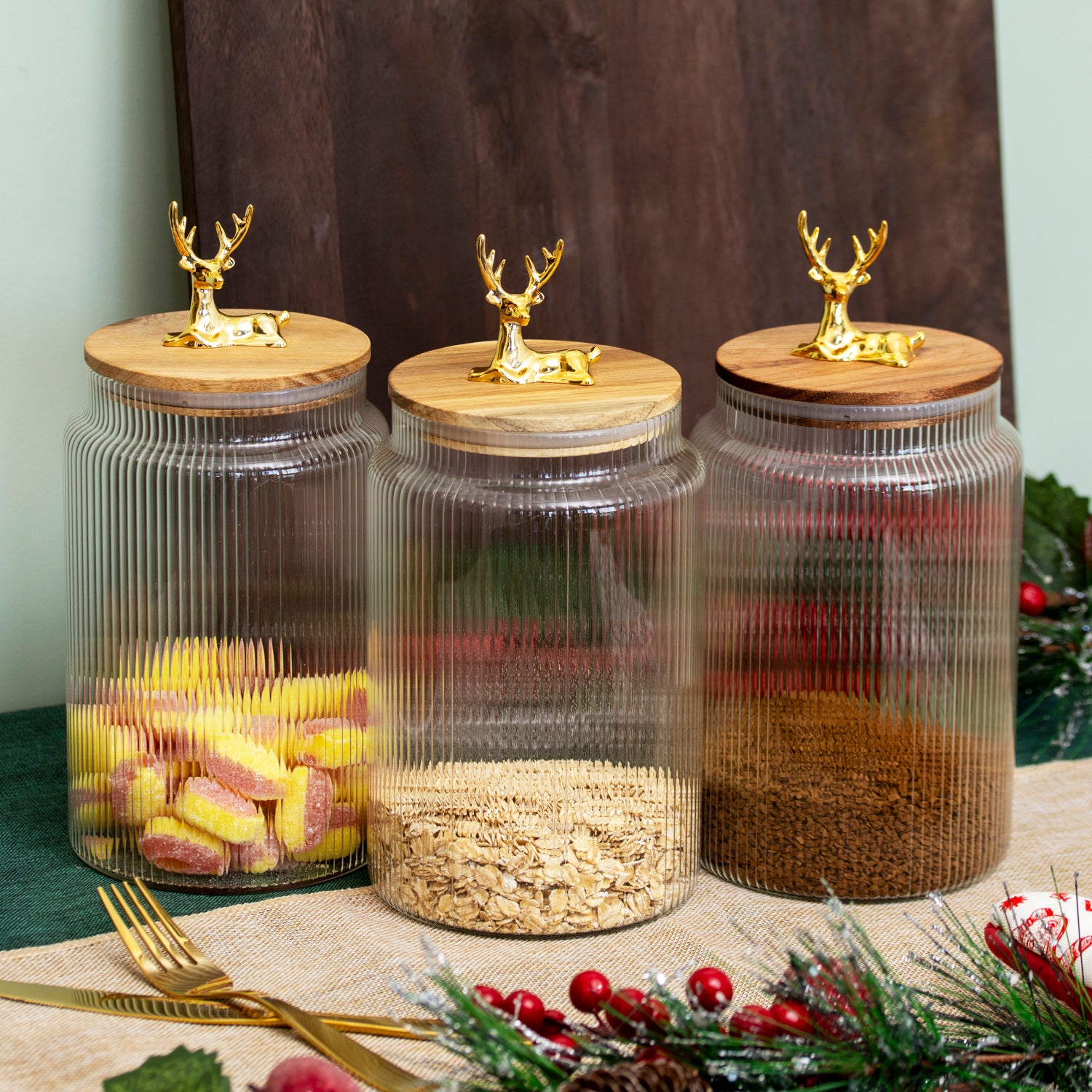 Gold Reindeer Top Ribbed Glass Storage Jar 1.6L