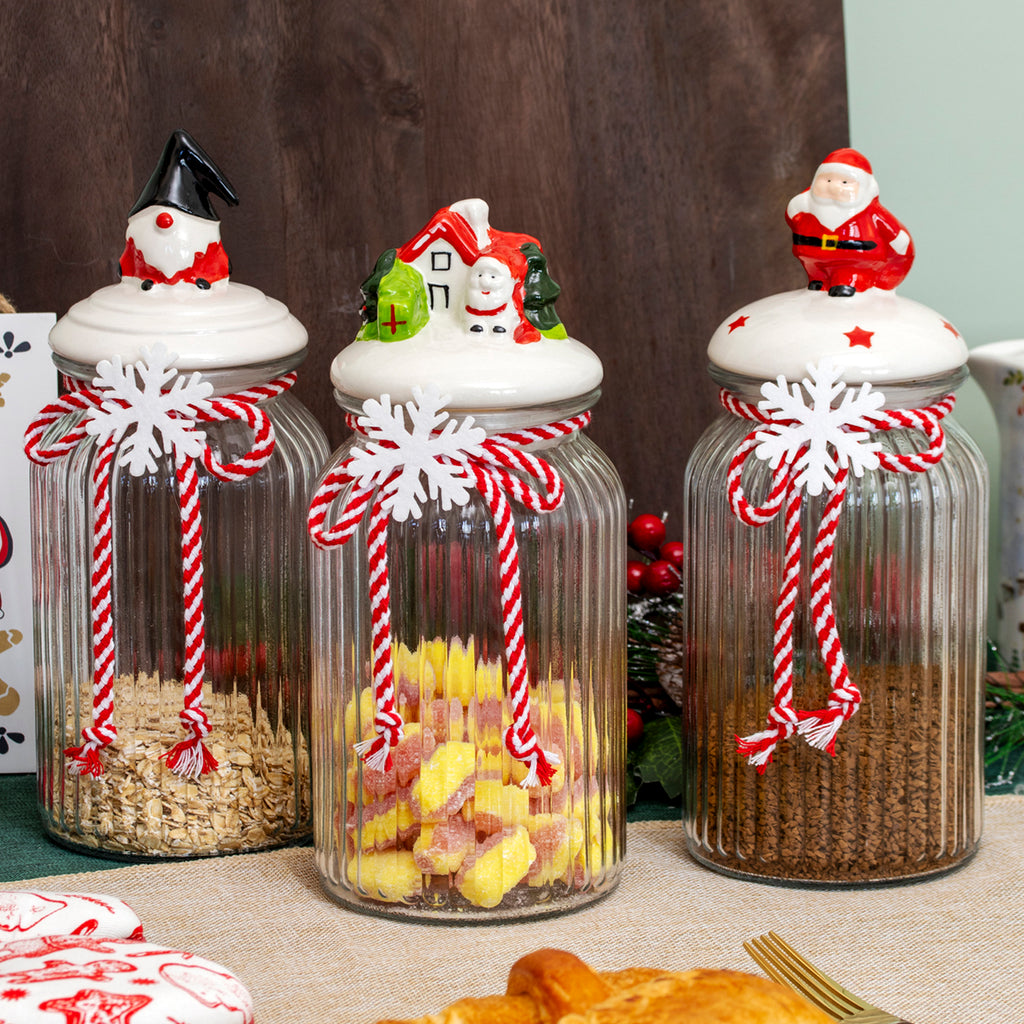 Set of 3 Christmas Glass Storage Jars With Festive Ceramic Lids - 1.2 L