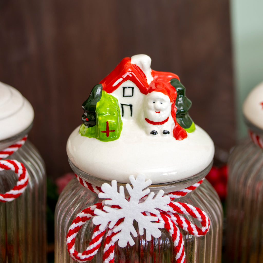 Set of 3 Christmas Glass Storage Jars With Festive Ceramic Lids - 1.2 L