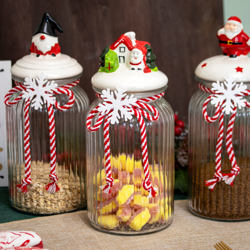 Set of 3 Christmas Glass Storage Jars With Festive Ceramic Lids - 1.2 L
