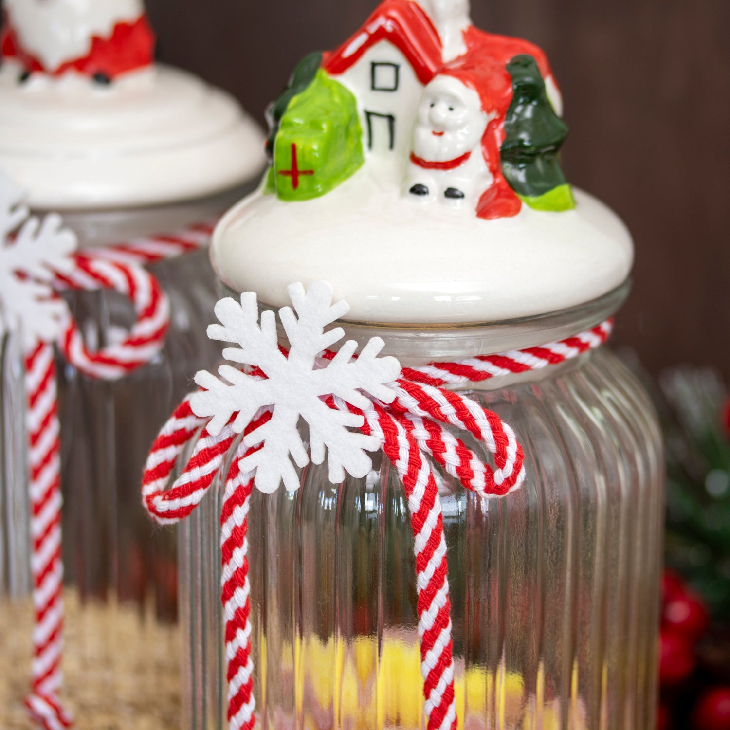 Set of 3 Christmas Glass Storage Jars With Festive Ceramic Lids - 1.2 L