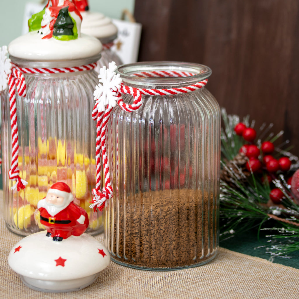 Set of 3 Christmas Glass Storage Jars With Festive Ceramic Lids - 1.2 L