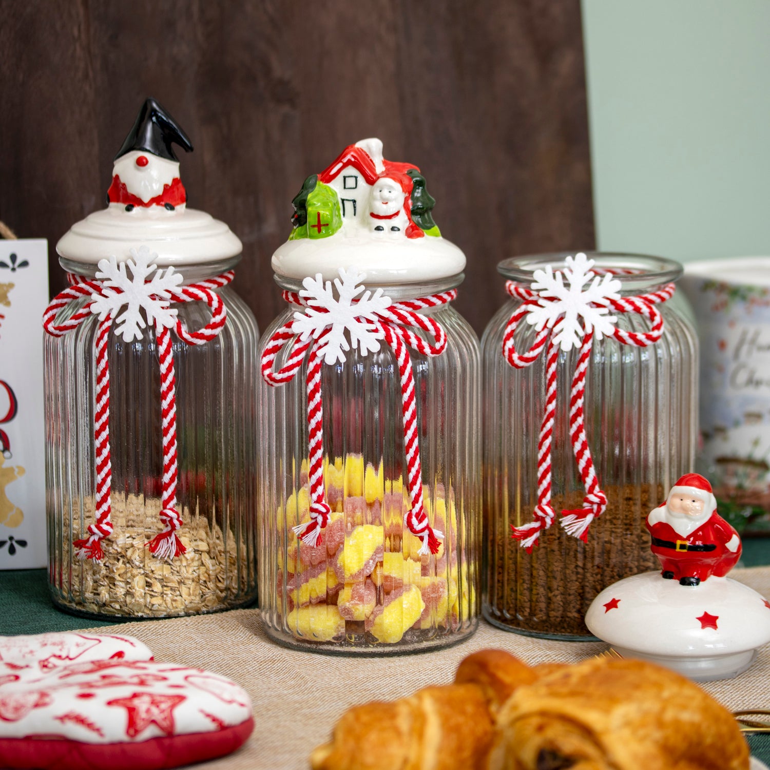 Set of 3 Christmas Glass Storage Jars With Festive Ceramic Lids - 1.2 L