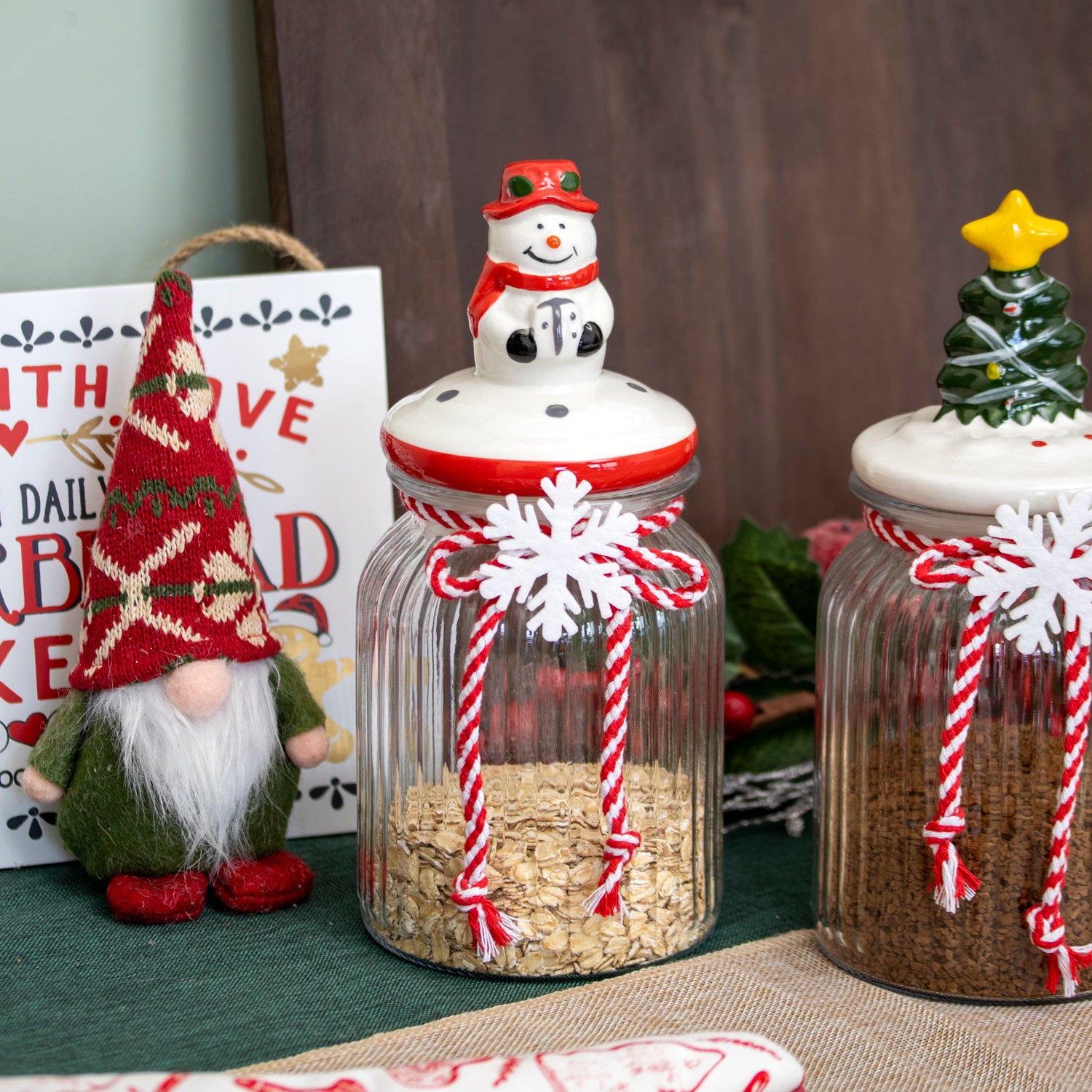 Set Of 3 Ceramic Christmas Lid Glass Storage Jars 0.9L