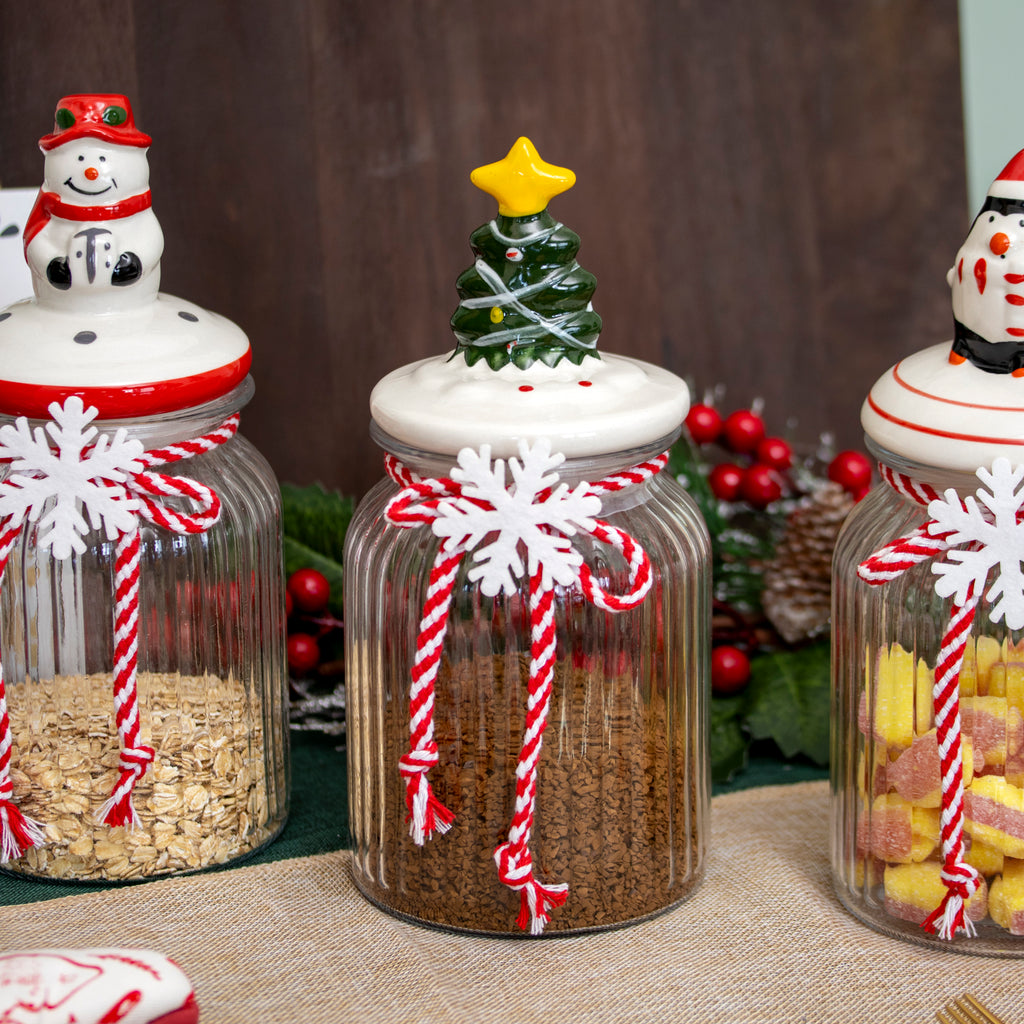 Set Of 3 Ceramic Christmas Lid Glass Storage Jars 0.9L