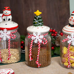 Set Of 3 Ceramic Christmas Lid Glass Storage Jars 0.9L