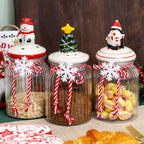 Set Of 3 Ceramic Christmas Lid Glass Storage Jars 0.9L