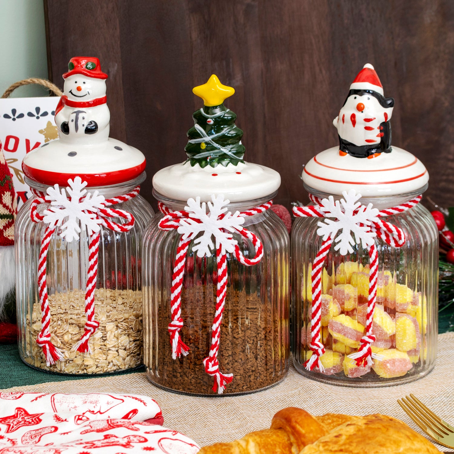 Set Of 3 Ceramic Christmas Lid Glass Storage Jars 0.9L