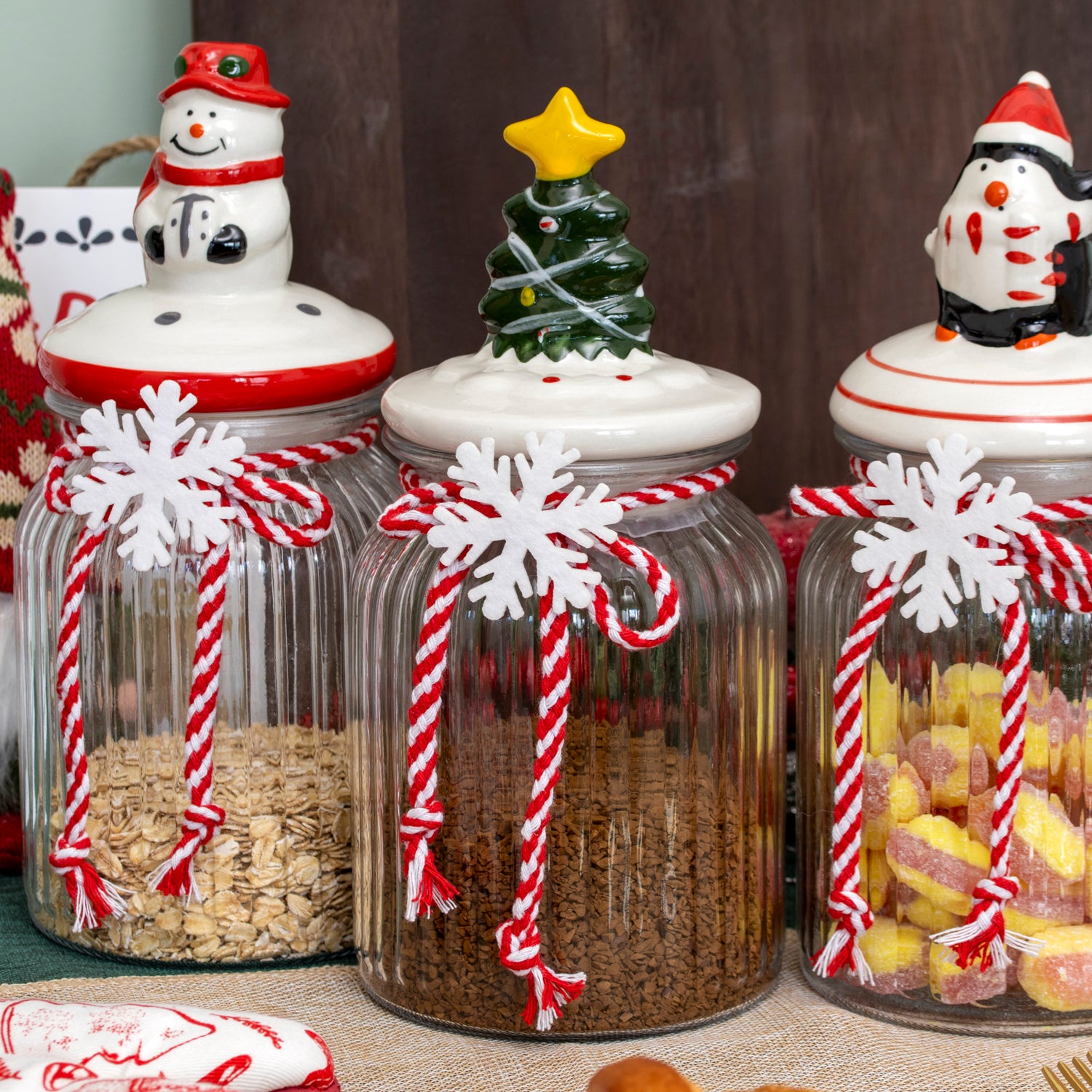 Set Of 3 Ceramic Christmas Lid Glass Storage Jars 0.9L