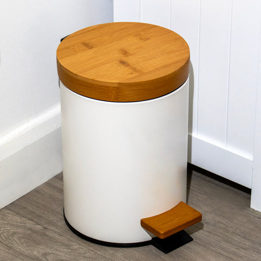 Cream 3 Litre Pedal Bathroom Bin With Bamboo Lid