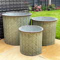 Set Of 3 Green Embossed Zinc Planters