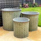 Set Of 3 Green Embossed Zinc Planters