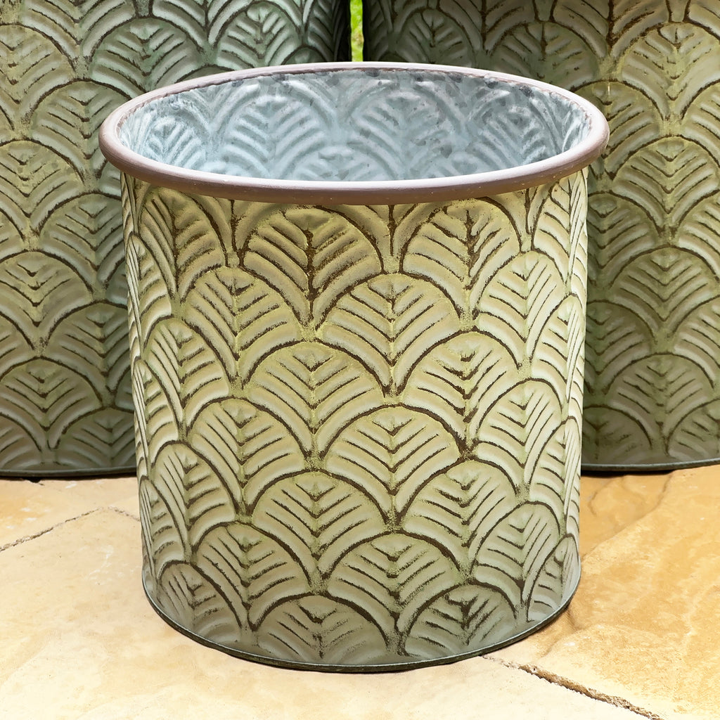Set Of 3 Green Embossed Zinc Planters