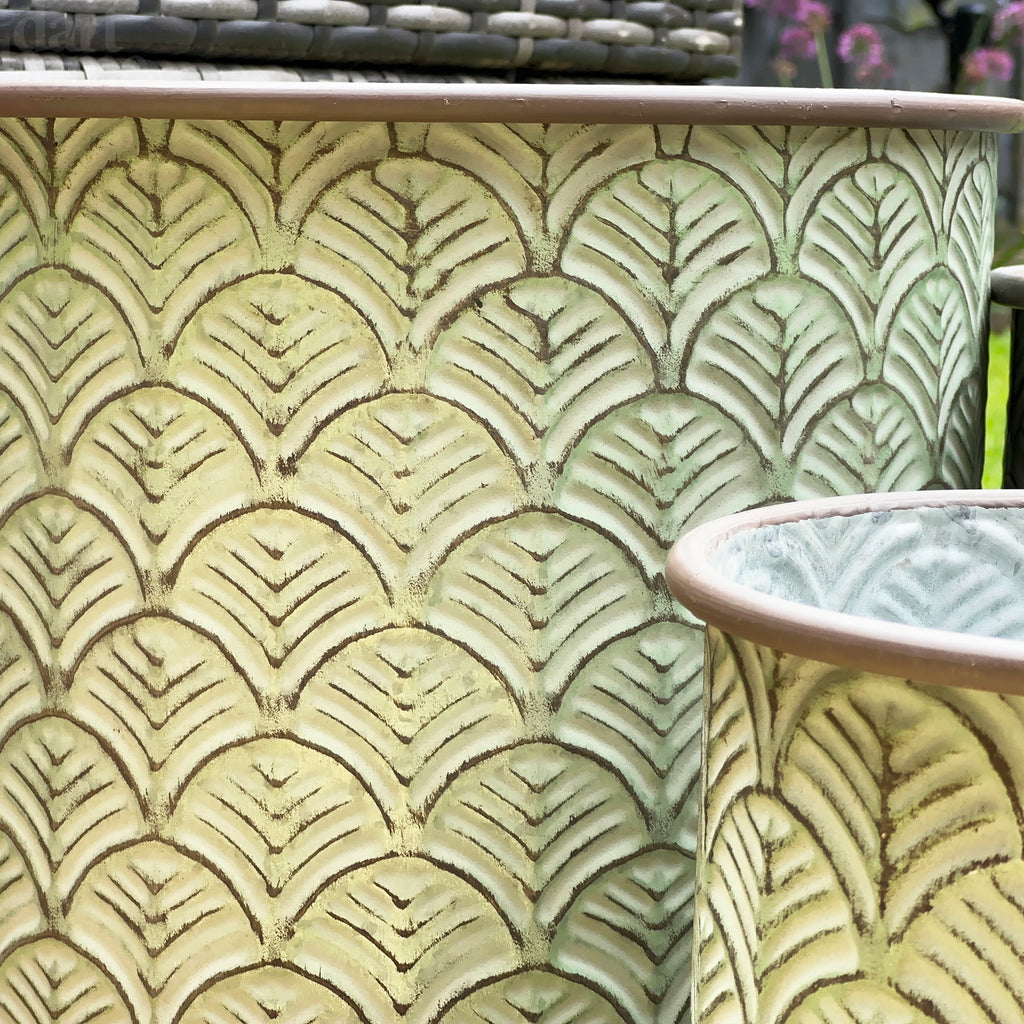 Set Of 3 Green Embossed Zinc Planters