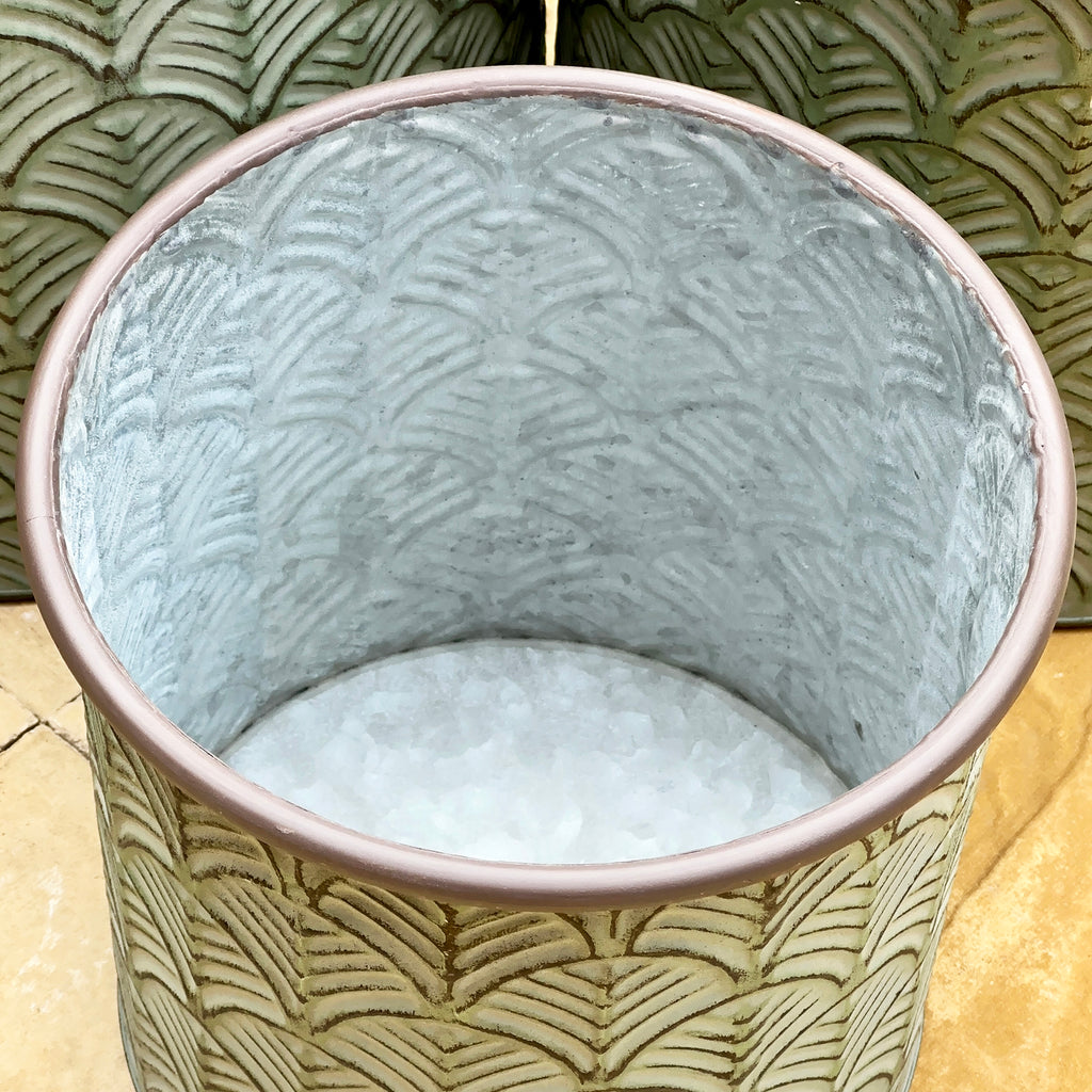 Set Of 3 Green Embossed Zinc Planters
