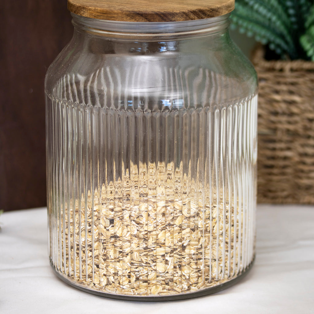 Ribbed Glass Storage Jar With Acacia Wood Lid 3.1L