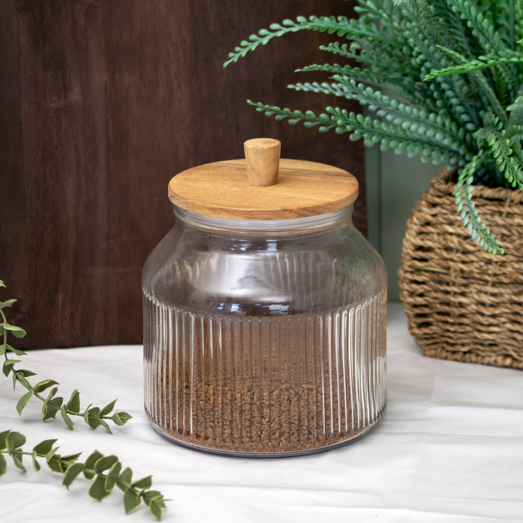 Ribbed Glass Storage Jar With Acacia Wood Lid 2.2L