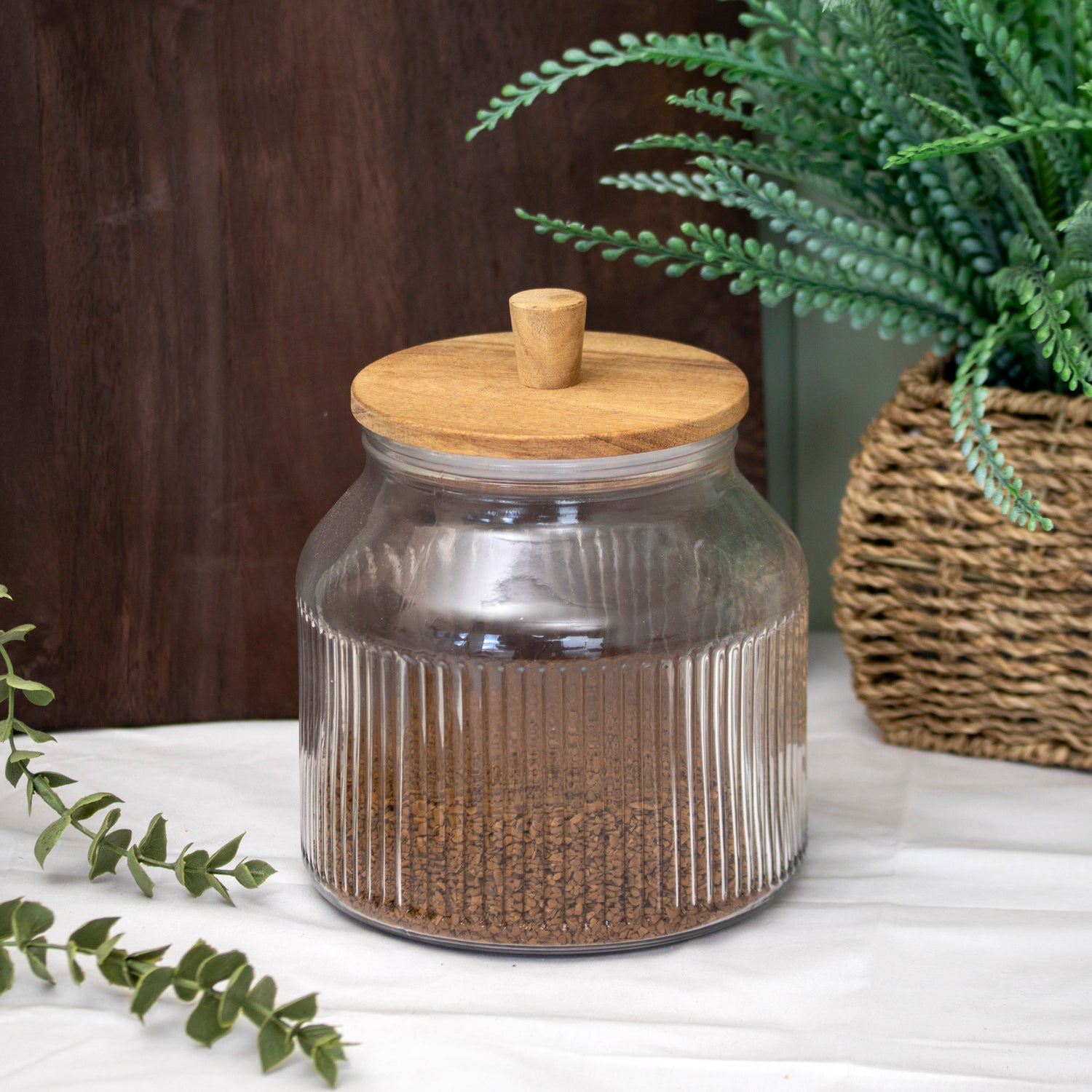 Ribbed Glass Storage Jar With Acacia Wood Lid 2.2L