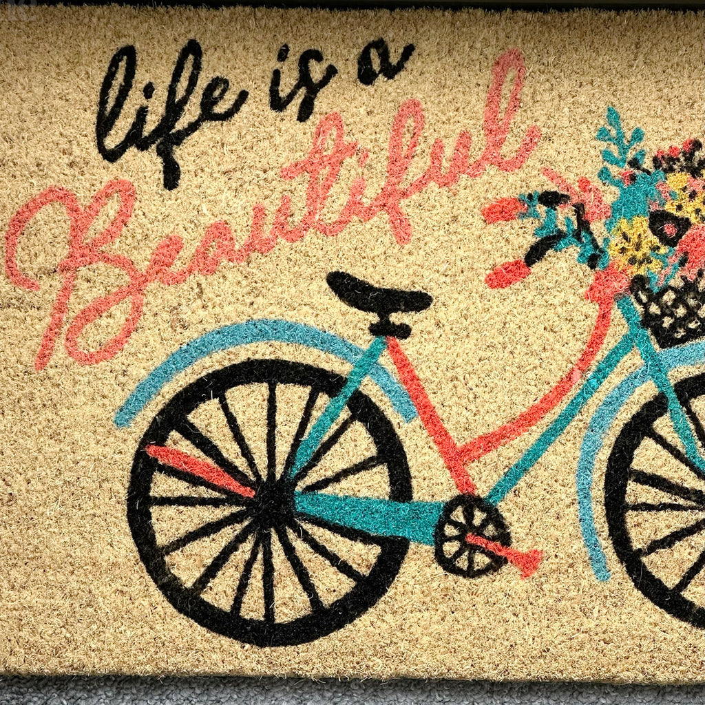 Life Is Beautiful Script Bicycle Coir Door Mat