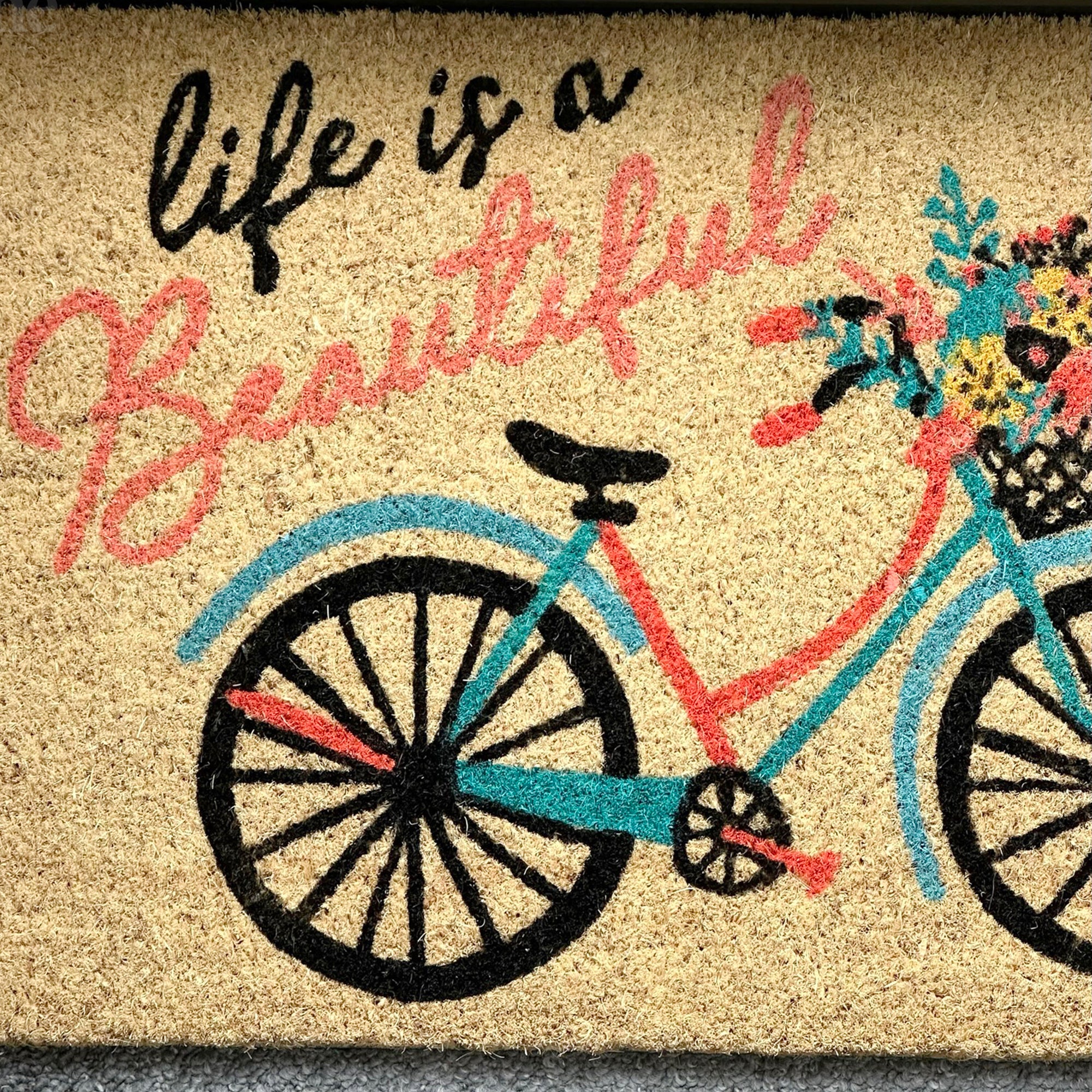 Life Is Beautiful Script Bicycle Coir Door Mat