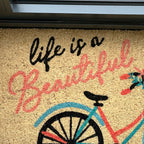 Life Is Beautiful Script Bicycle Coir Door Mat