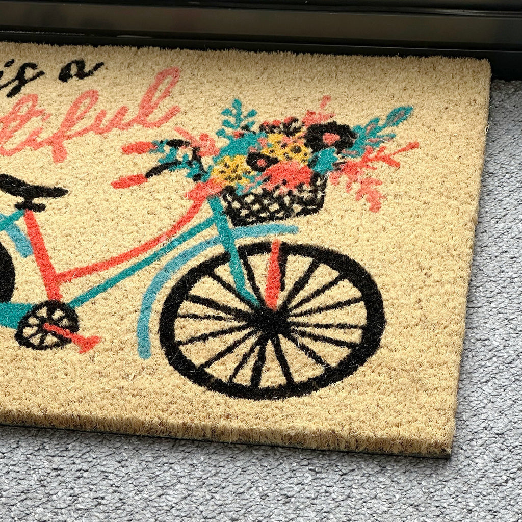 Life Is Beautiful Script Bicycle Coir Door Mat