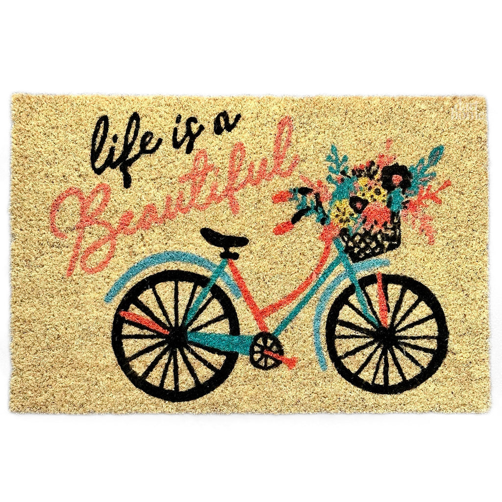 Life Is Beautiful Script Bicycle Coir Door Mat
