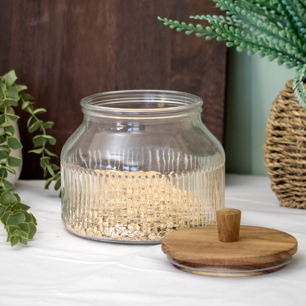 Ribbed Glass Storage Jar With Acacia Wood Lid 1.7L