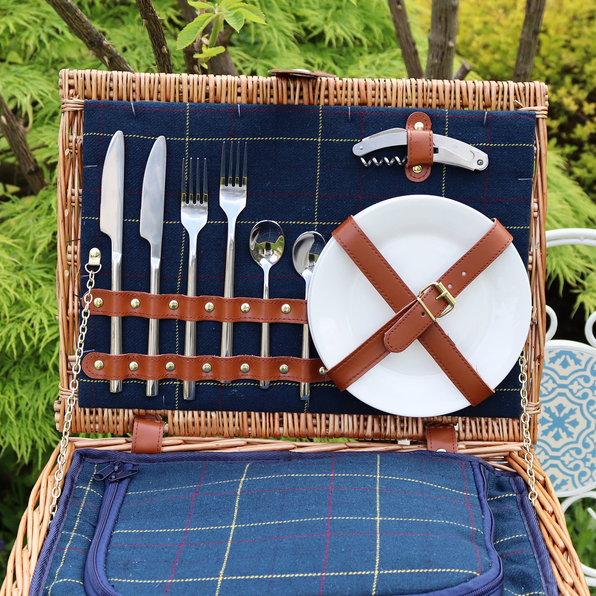 2 Person Fitted Blue Tweed Wicker Picnic Basket