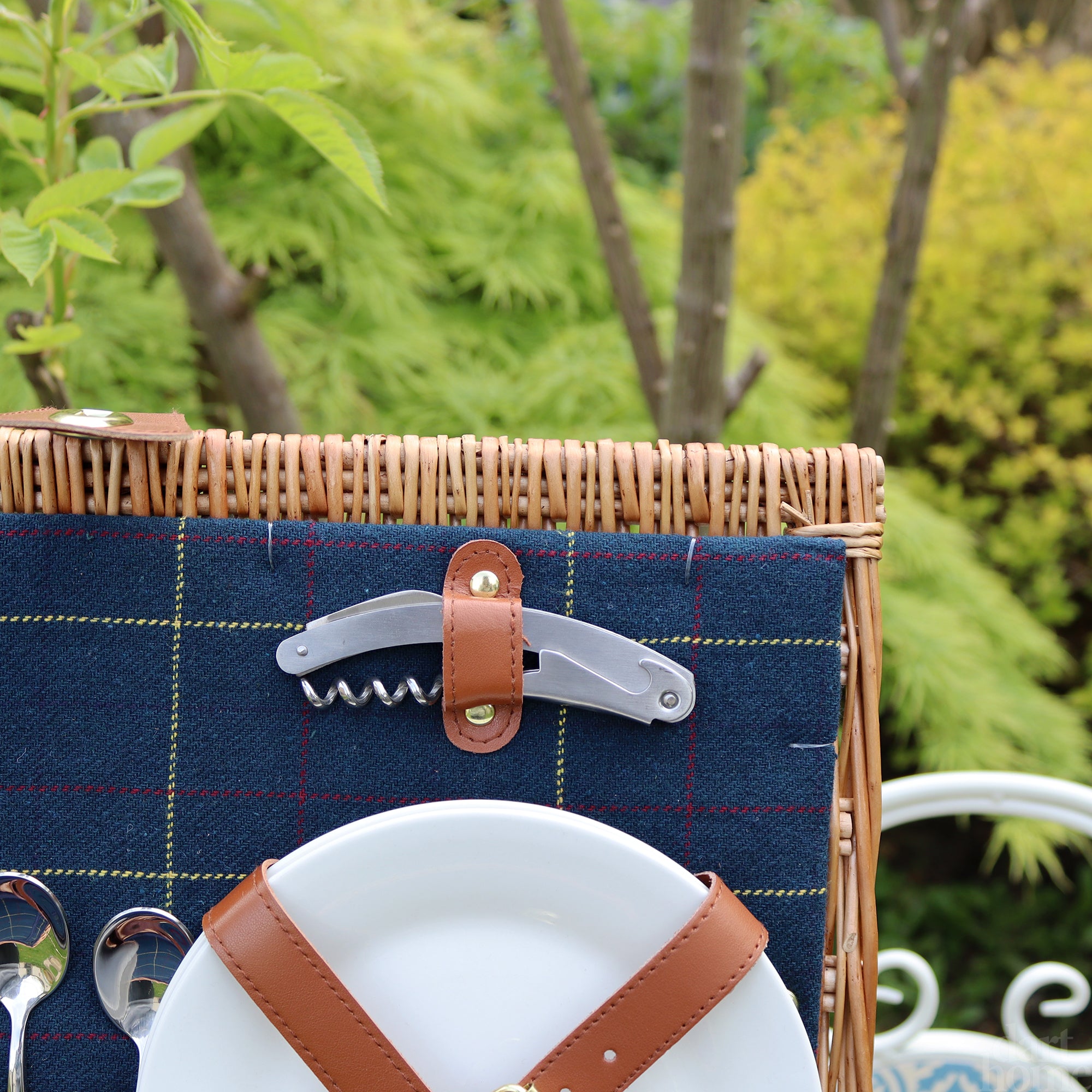 2 Person Fitted Blue Tweed Wicker Picnic Basket