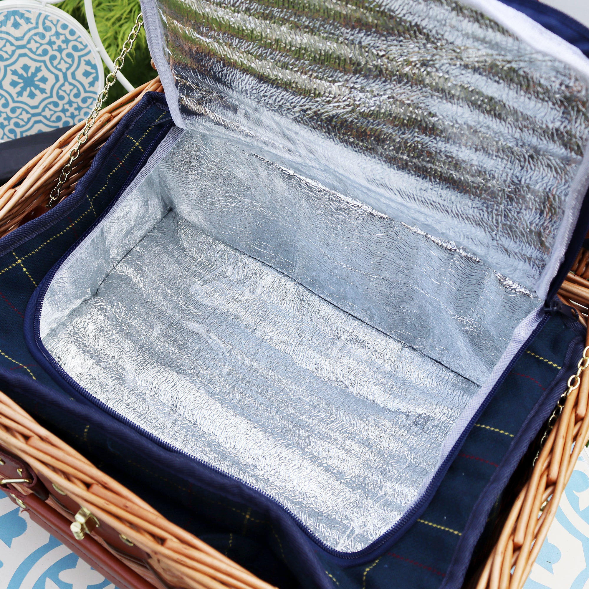 2 Person Fitted Blue Tweed Wicker Picnic Basket