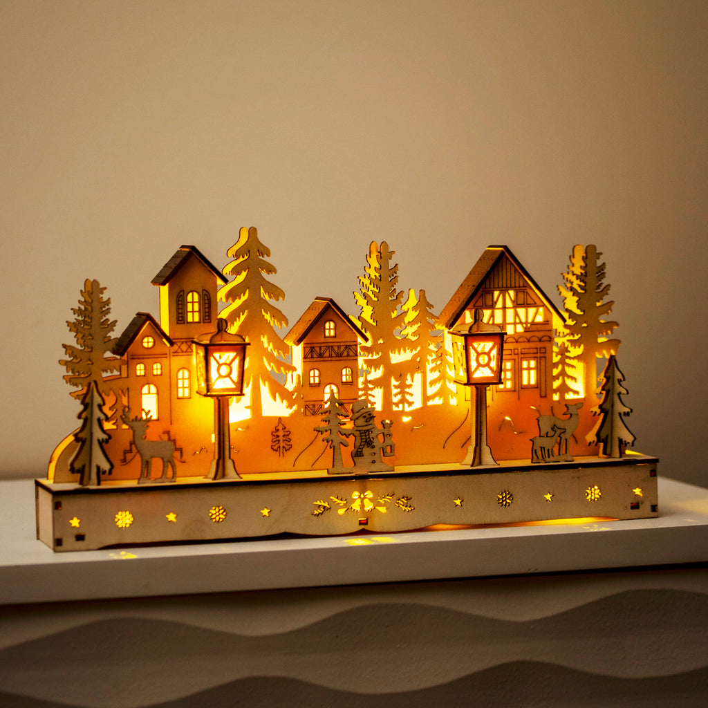 Light Up Wooden Christmas Village Scene
