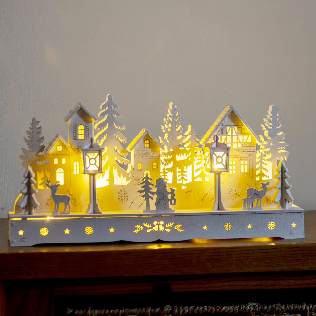 White Light Up Wooden Christmas Village Scene